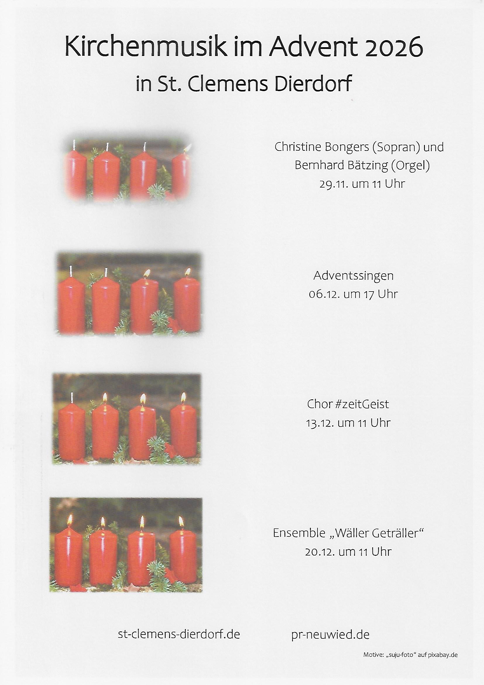Das Plakat zeigt neben den Informationen zur Veranstaltungen Bilder mit vier Adventkranzkerzen, auf denen ein, zwei, drei oder vier Kerzen brennen.
