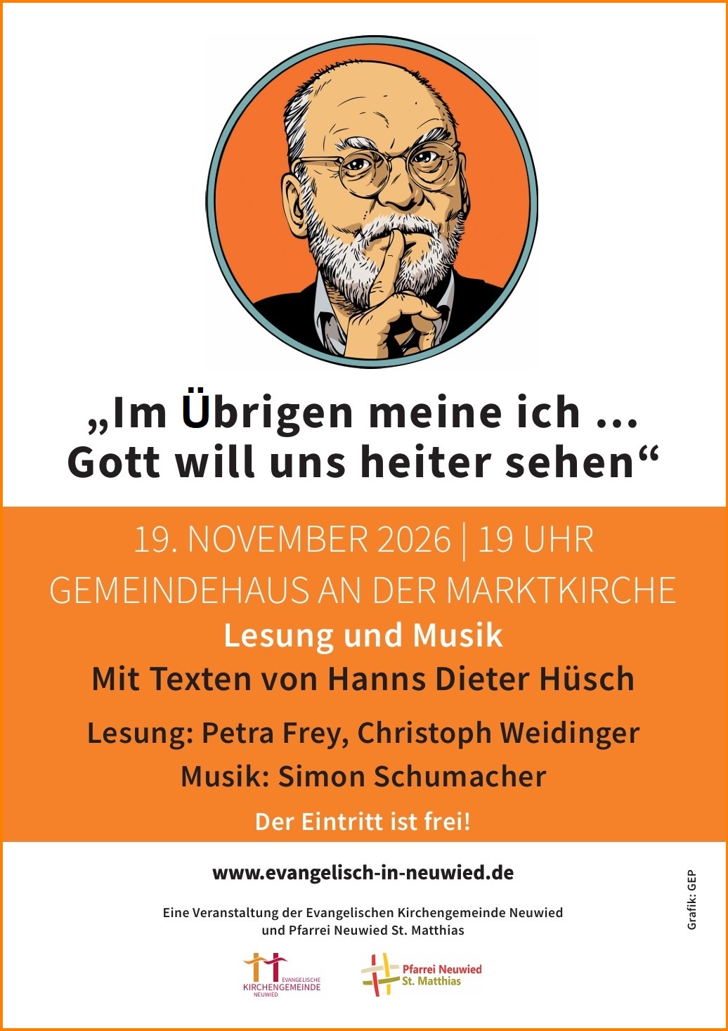 Hüsch-Lesung Neuwied: 19. November 2026 Das Plakat zeigt neben den Informationen zur Veranstaltungen die Grafik des Portrait von Hanns Dieter Hüsch.