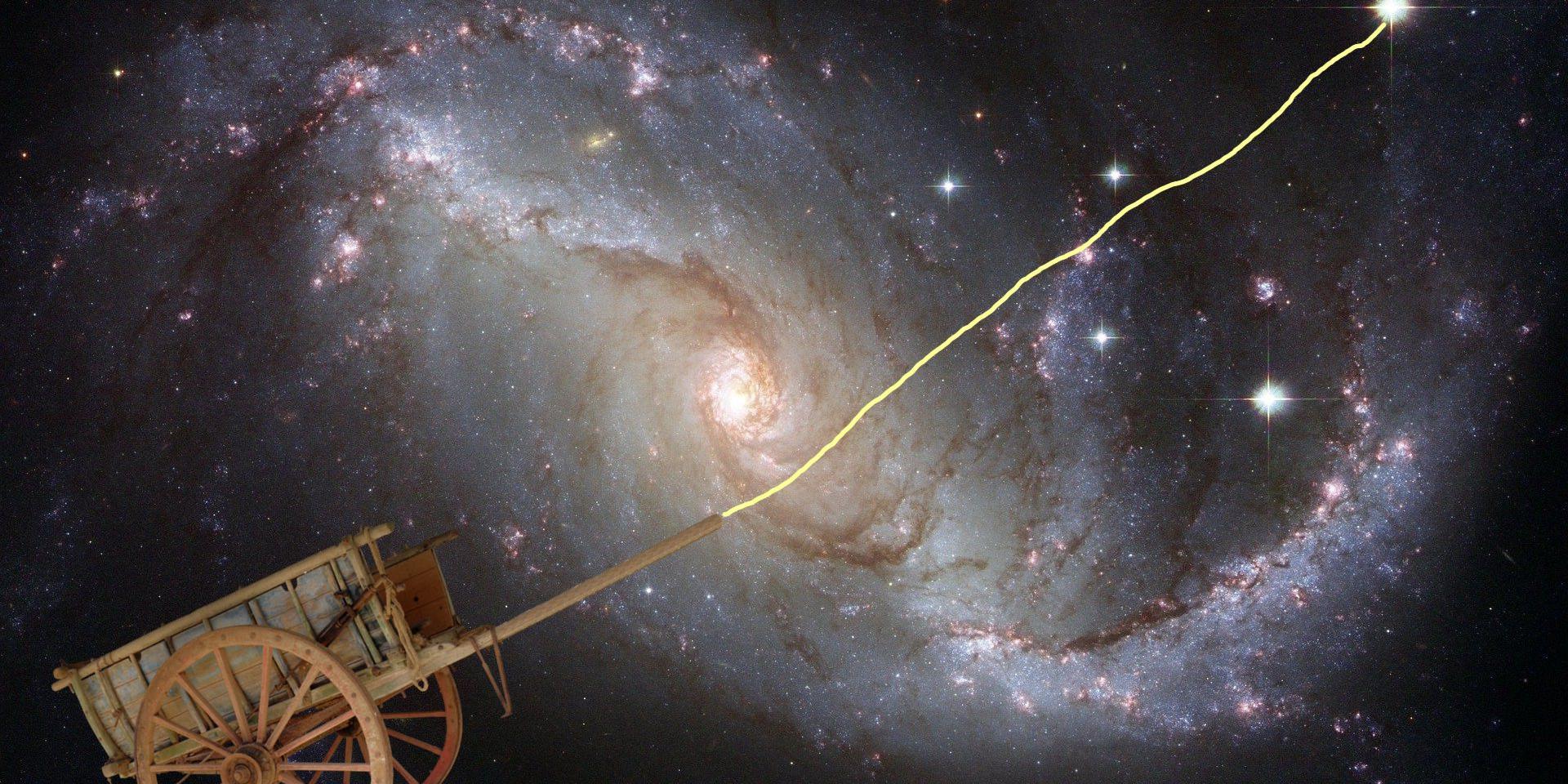 Karre mit Stern - Symbolbild für 'Gedanken - Gedenken' Winter 2026 Das Bild zeigt im Vordergrund einen Holzkarren mit zwei großen Speichenrädern, dessen Deichsel eine goldene Verbindung zu einem Stern hält, der in der dahinterliegenden Galaxie zu finden ist.