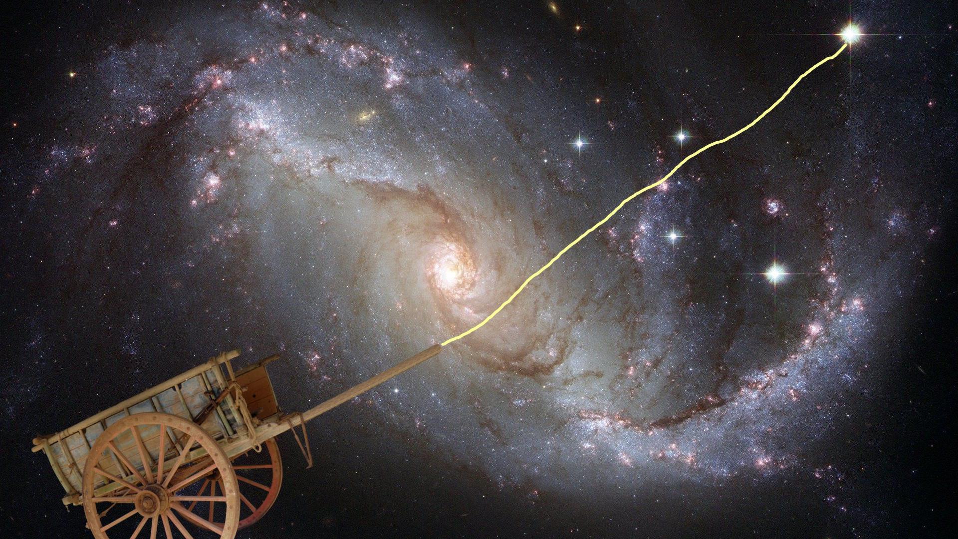 Das Bild zeigt im Vordergrund einen Holzkarren mit zwei großen Speichenrädern, dessen Deichsel eine goldene Verbindung zu einem Stern hält, der in der dahinterliegenden Galaxie zu finden ist.