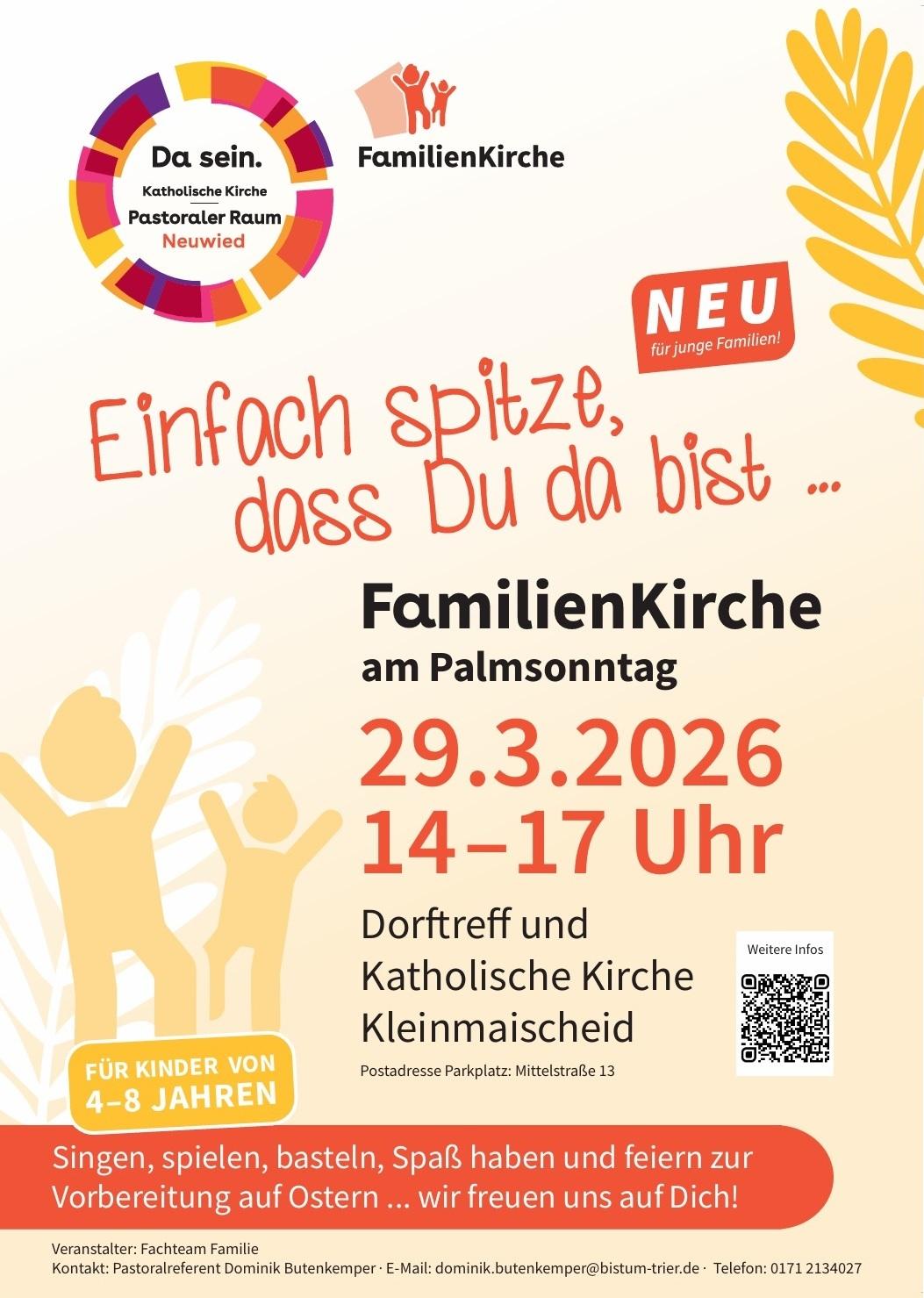 Das Plakat ist in Gelb-Orange-Farbtönen gestaltet und zeigt neben Informationen das Logo der Familienkirche, zwei Menschen verschiedener Größen, die sich begrüßen und Palmzweige.