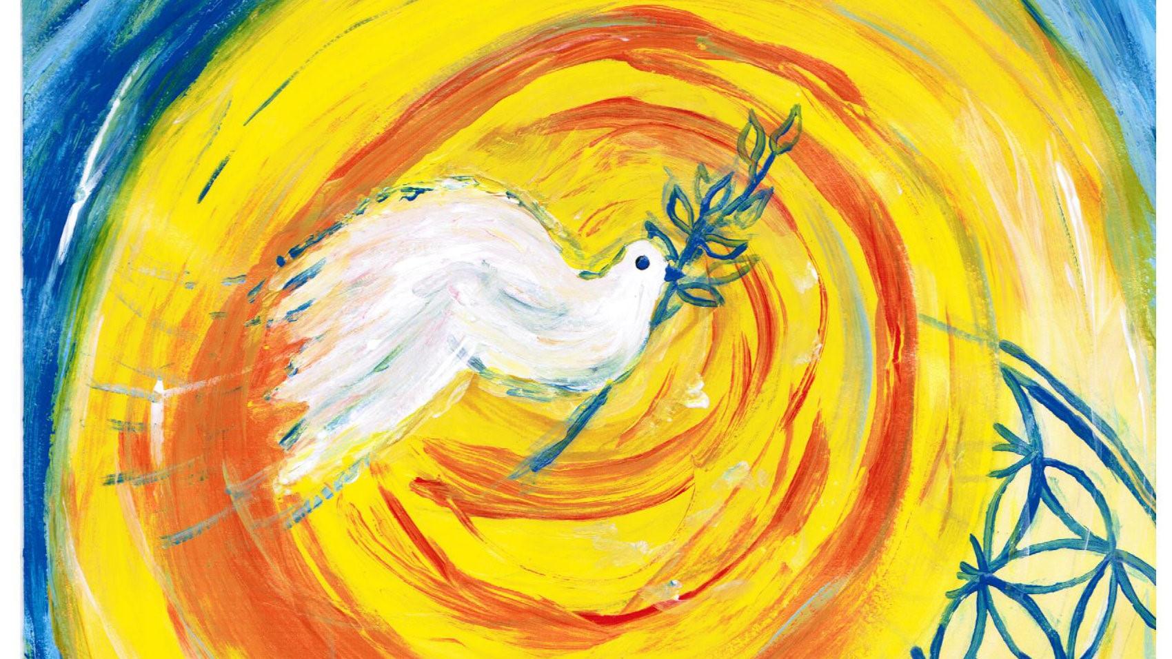 Das Bild zeigt eine mit Ölfarbe gemalte weiße Taube, mit Zweig im Schnabel, vor einem in Kreisen gestalteten Welt, in der Mitte orange-rot-gelb nach außen hin hellblau-blau.