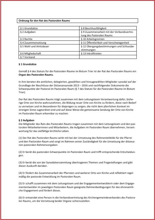 Ordnung für den Rat des Pastoralen Raums, Stand: 1. November 2025