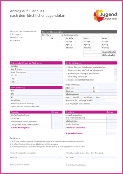 Antrag auf Zuschuss nach dem kirchlichen Jugendplan (BGV)