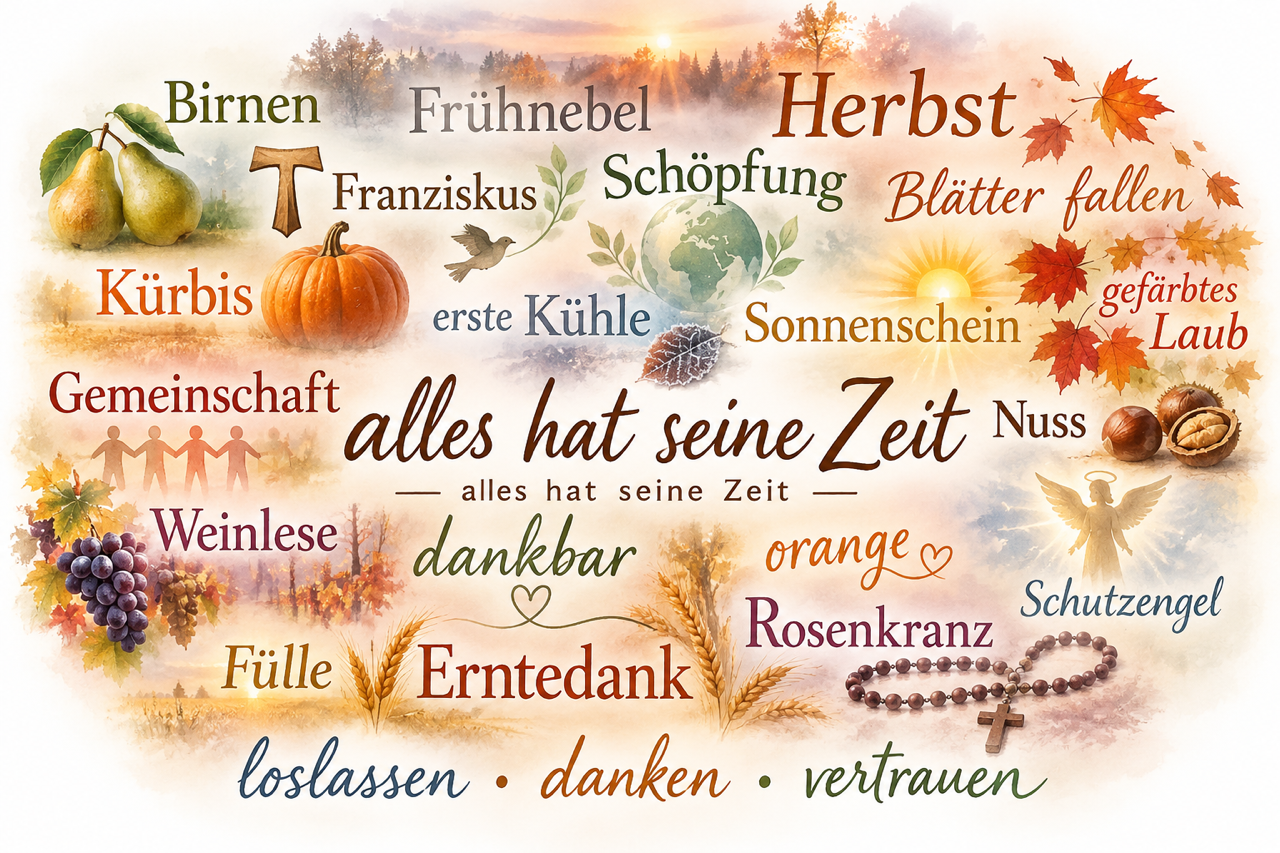 Wortwolke zum Oktober 2026 Neben vielen Begriffen zum Herbst enthält die Wortwolke auch Bilder, z. B. Weinbeeren, Birnen, einen Kürbis, Walnüsse, einen Engel, einen Rosenkranz.