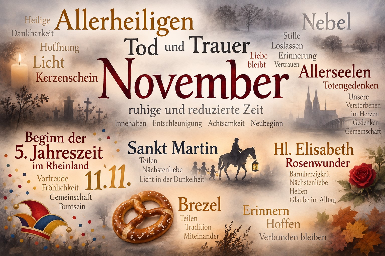 Wortwolke zum November 2026 Die Wortwolke zeigt neben Begriffen auch Abbildungen aus dem November: Friedhofskreuze, Sankt Martin, Laternen, eine Narrenkappe, eine Brezel, eine Rose und Herbstlaub.