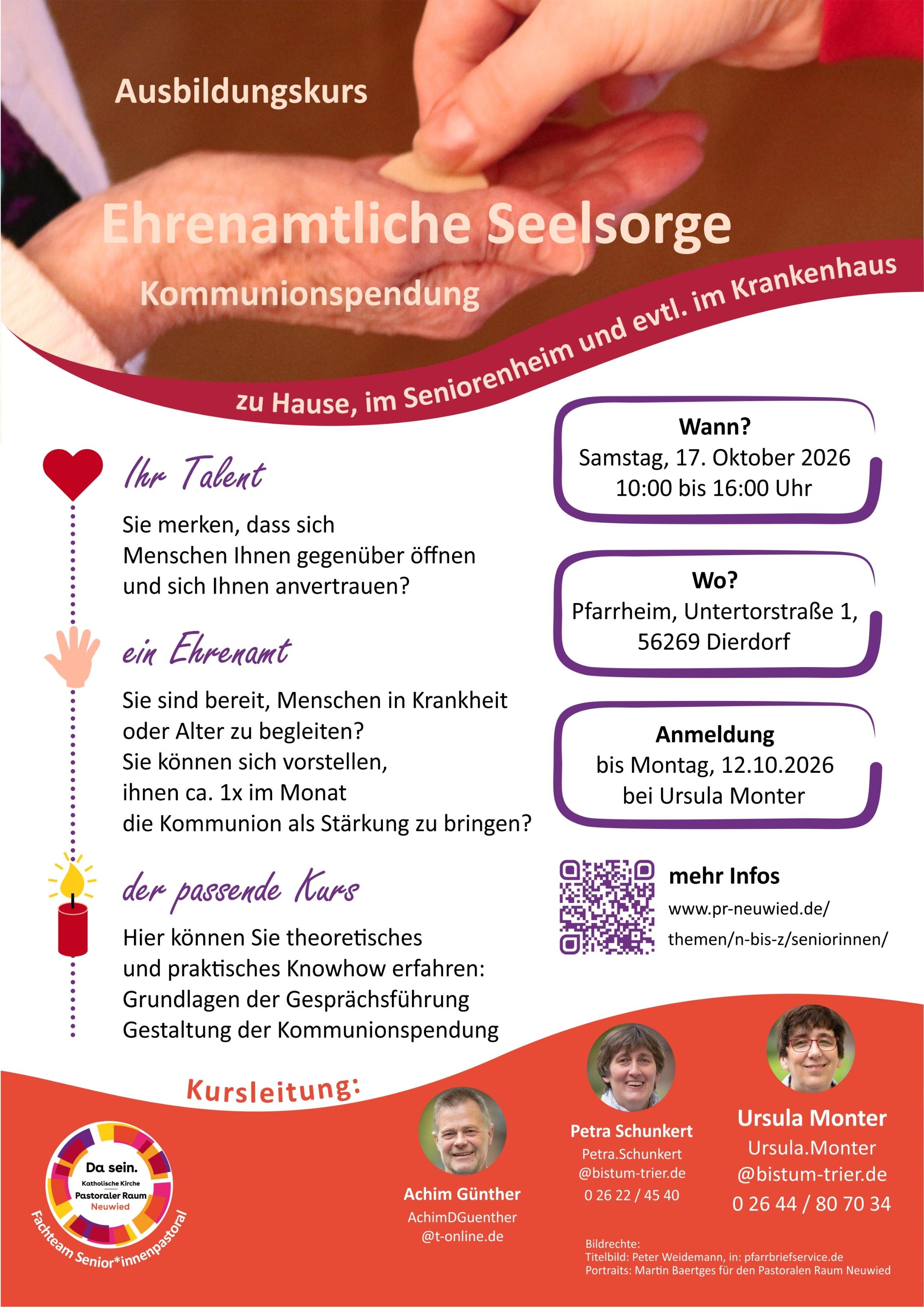Das Plakat zeigt neben den Informationen zum Ausbildungskurs eine offene alte Hand, in die eine Hostie gelegt wird.