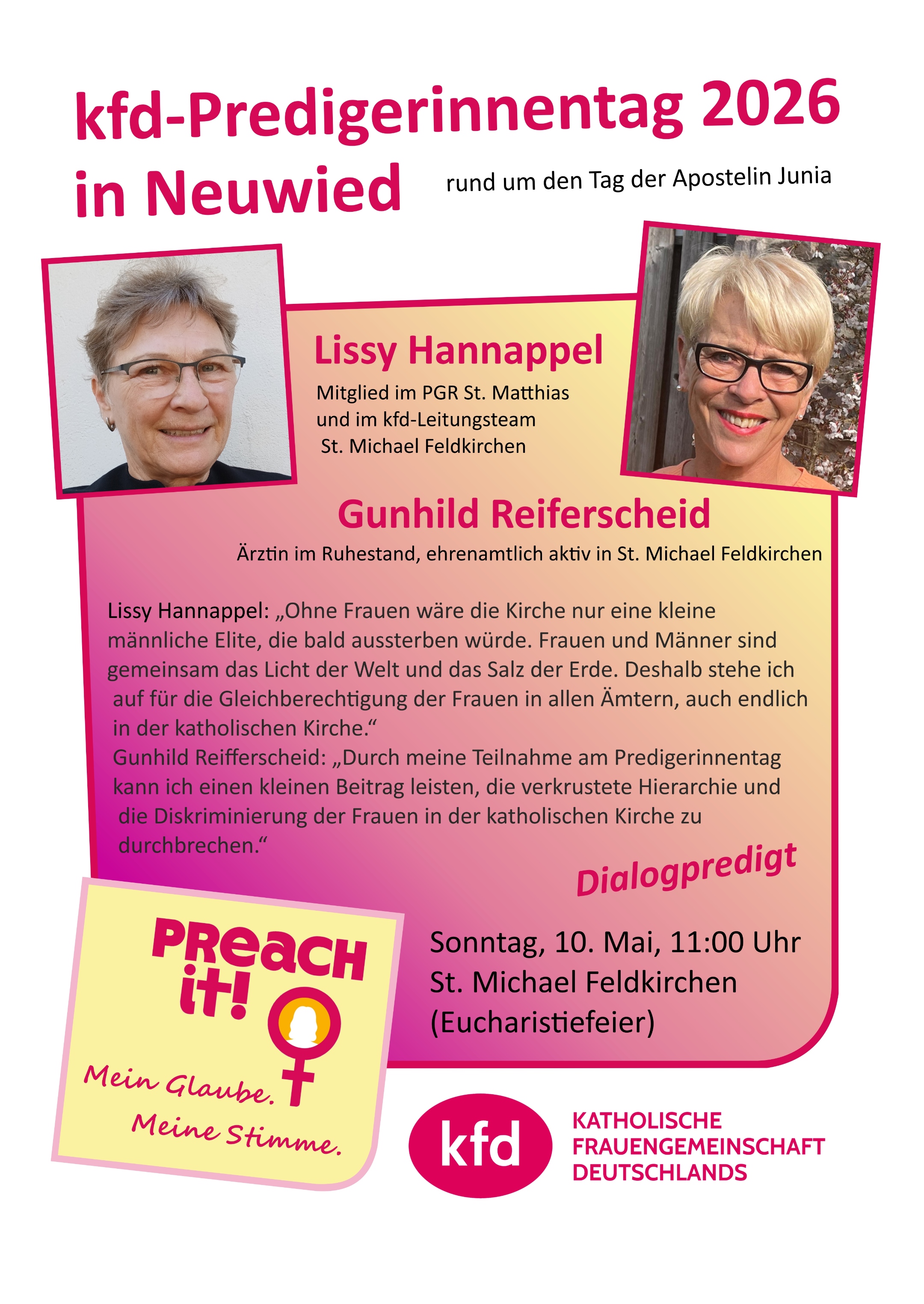 Plakat zur Frauen-Dialogpredigt 2026 von Lissy Hannappel und Gunhild Reiferscheid