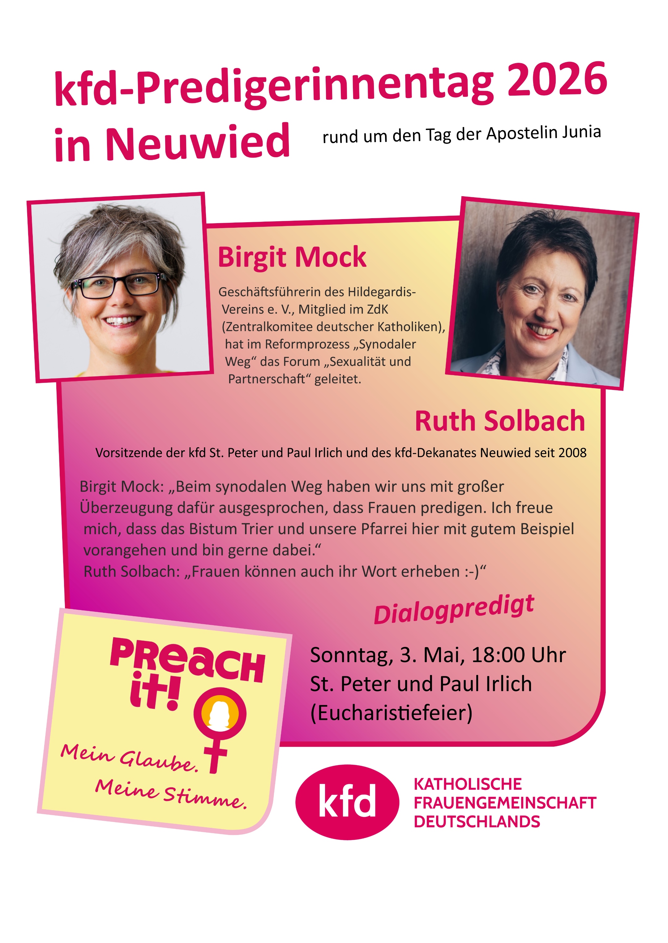 Plakat zur Frauen-Dialogpredigt 2026 von Birgit Mock und Ruth Solbach