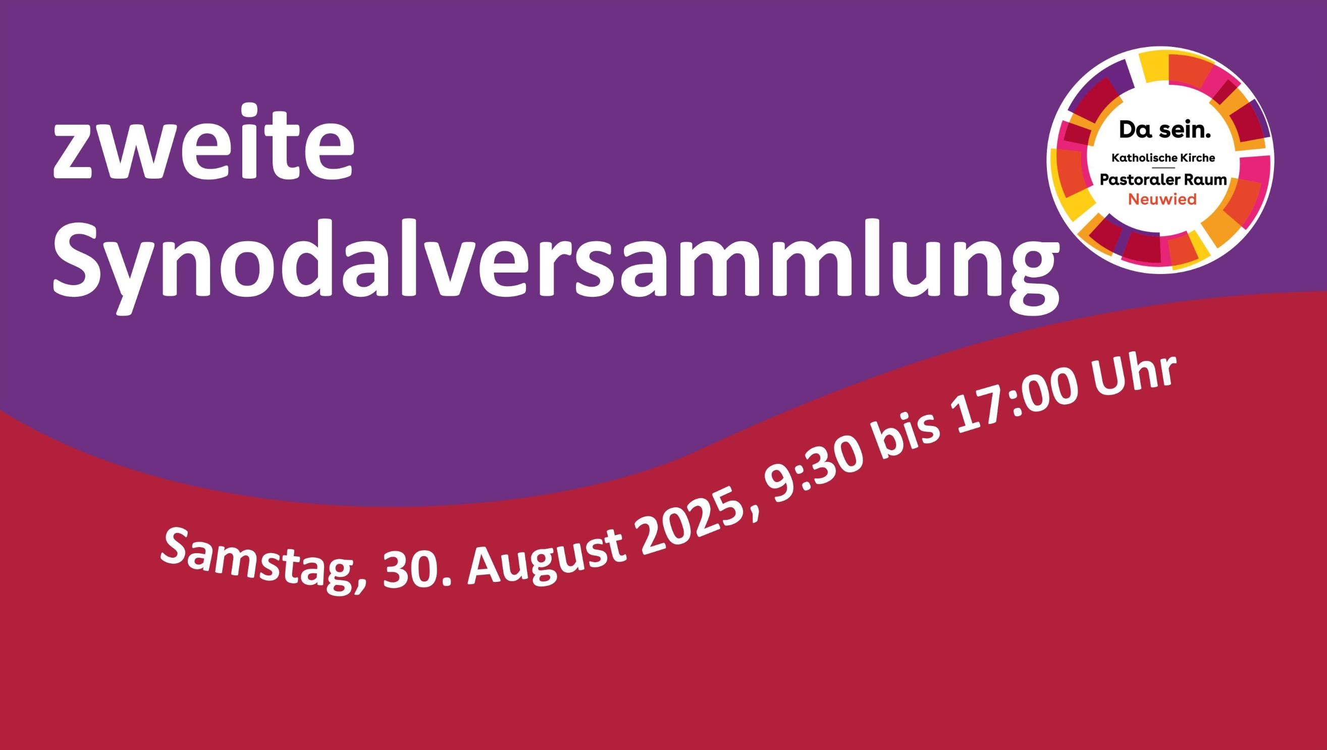 Eine waagerechte Wellenlinie trennt den farbigen Hintergrund in violett und dunkelrot. Weißer Text und das Logo des Pastoralen Raumes Neuwied ergänzen das Bild.