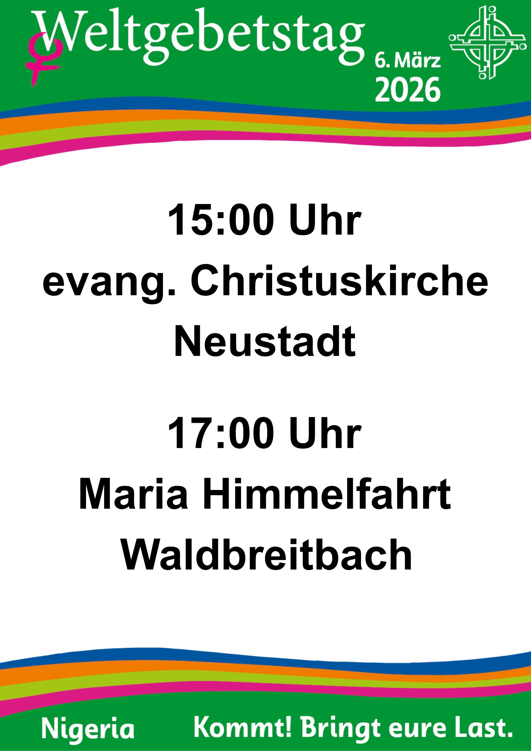 Plakat zum Weltgebetstag 2026 mit Terminen in Neustadt und Waldbreitbach