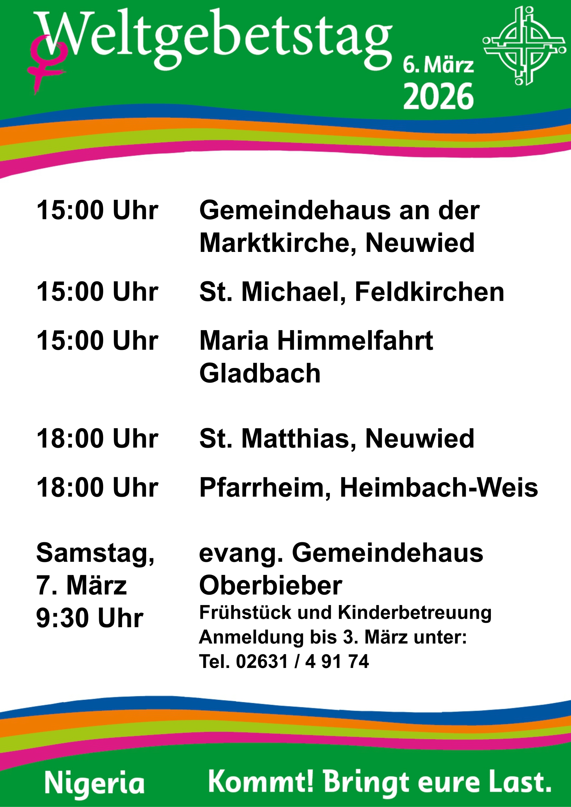 Plakat zum Weltgebetstag 2026 mit Terminen in Neuwied