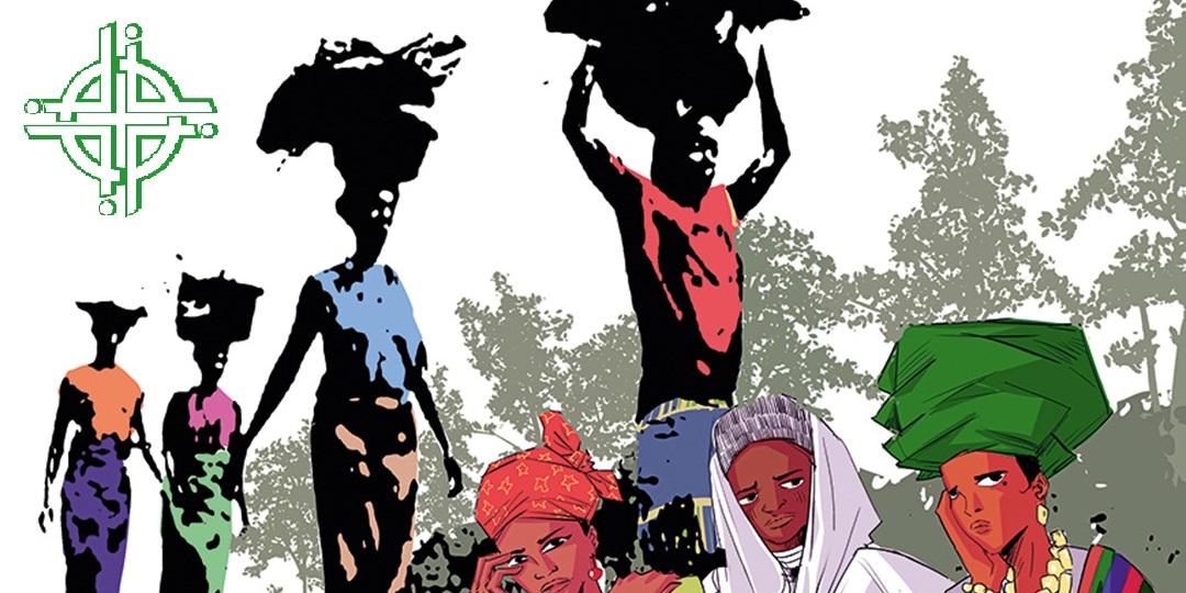 Das Bild zeigt - in Comicartigem Stil - vier Frauen, die Körbe tragen, sowie im Vordergrund drei nachdenkliche Frauen, alle aus Nigeria.